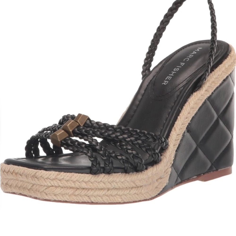 Marc Fisher Black Braided Leather Espadrille Wedge Sandals